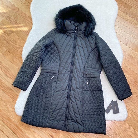 WEATHERPROOF Women's Modern Shaped Quilted Hooded Coat, Faux Fur, Black, Sz 1X - Picture 1 of 14